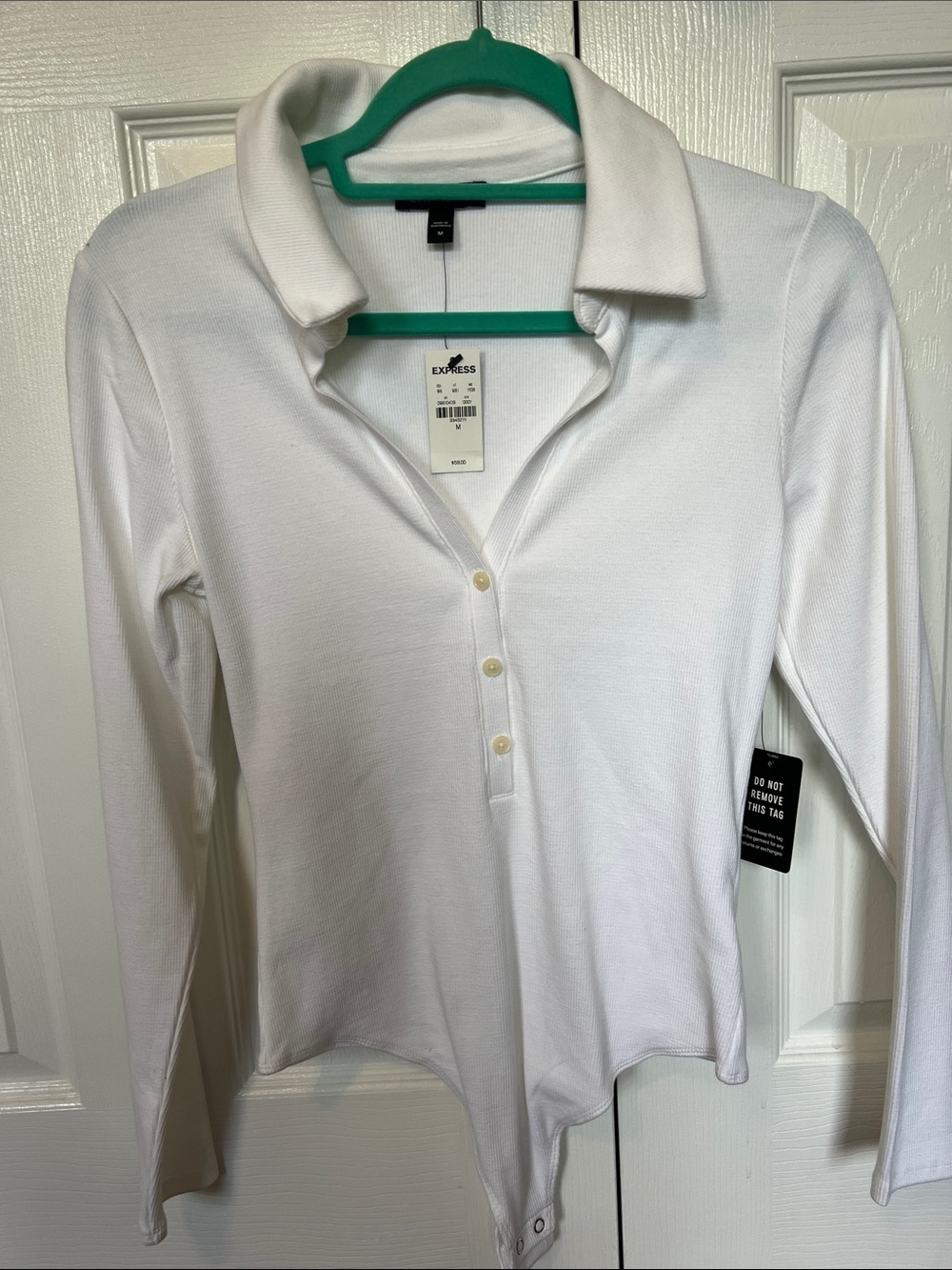 Express White Long-Sleeve Polo Bodysuit with Snap Closure